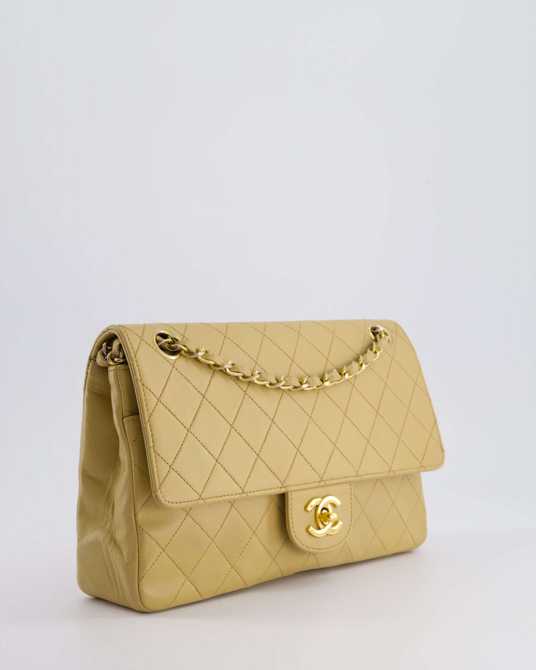 Chanel Chai Beige Classic Medium Stitched Edge Double Flap Bag in Lambskin Leather with 24K Gold Hardware