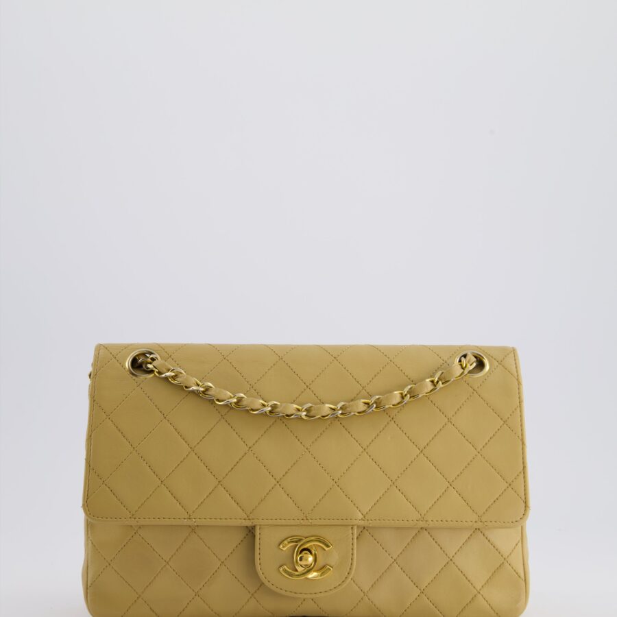 Chanel Chai Beige Classic Medium Stitched Edge Double Flap Bag in Lambskin Leather with 24K Gold Hardware | Studio Nafay