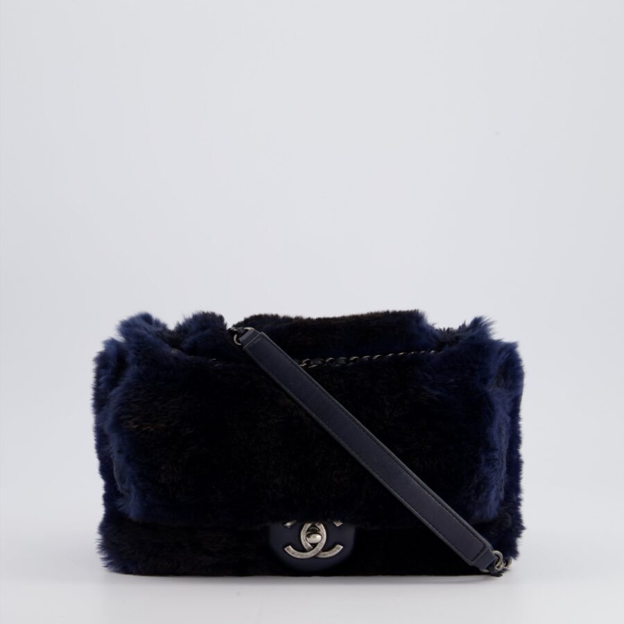 *HOT* Chanel Navy Rabbit Fur Single Flap Bag with Silver Hardware | Studio Nafay