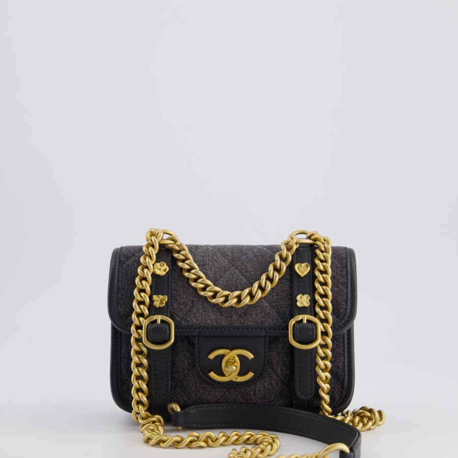 Chanel Grey Mini Flap Bag with Brushed Gold Hardware and Charm Detail | Studio Nafay