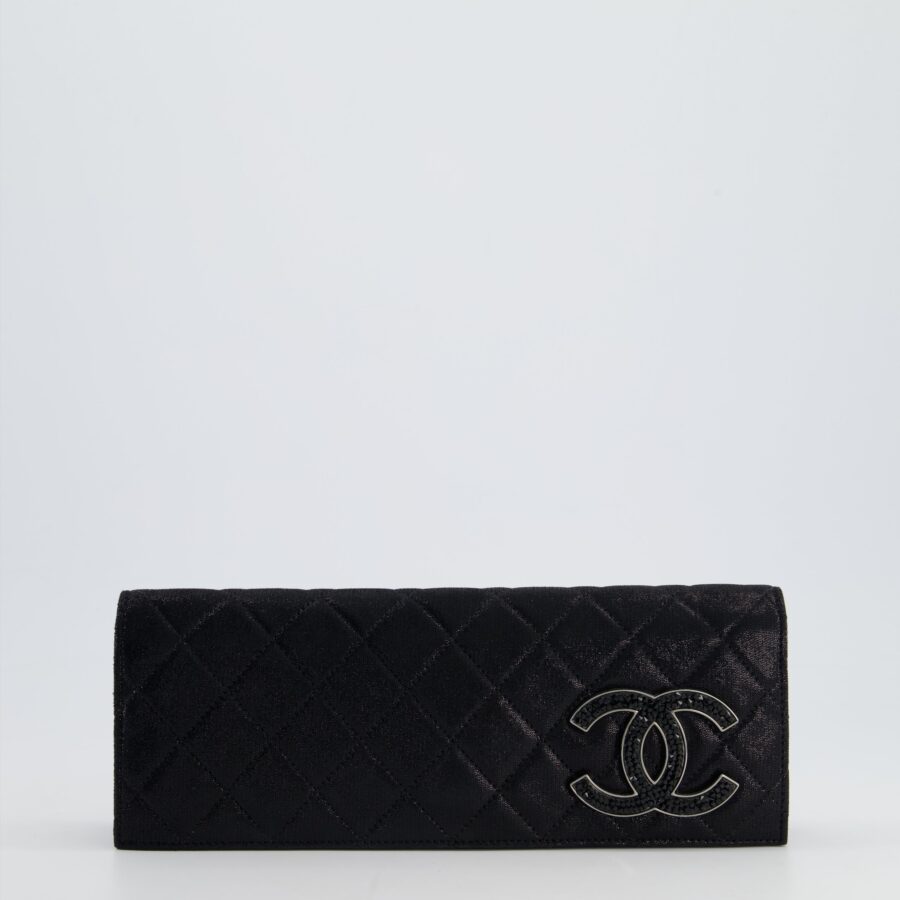 *HOT* Chanel Black Shiny Quilted Long Clutch in Coated Calfskin with Silver Hardware and Crystal CC Detail | Studio Nafay
