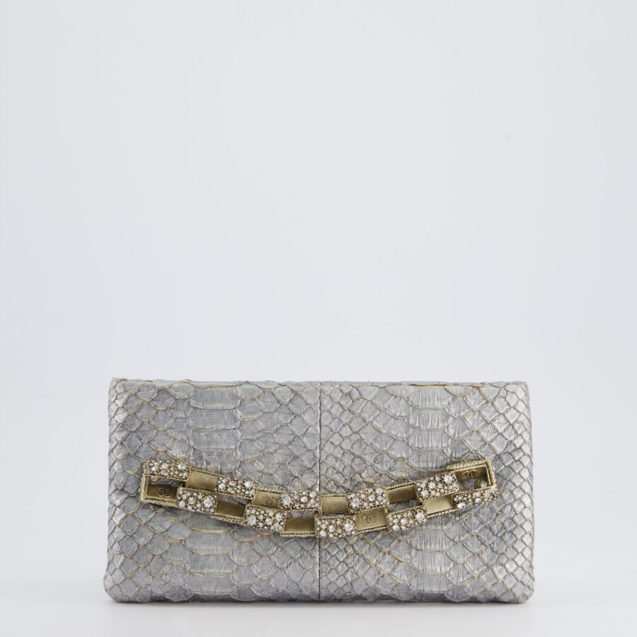 *RARE* Chanel Metallic Silver Bombay Clutch in Python Leather and Antique Gold Hardware with Embellished Crystals | Studio Nafay