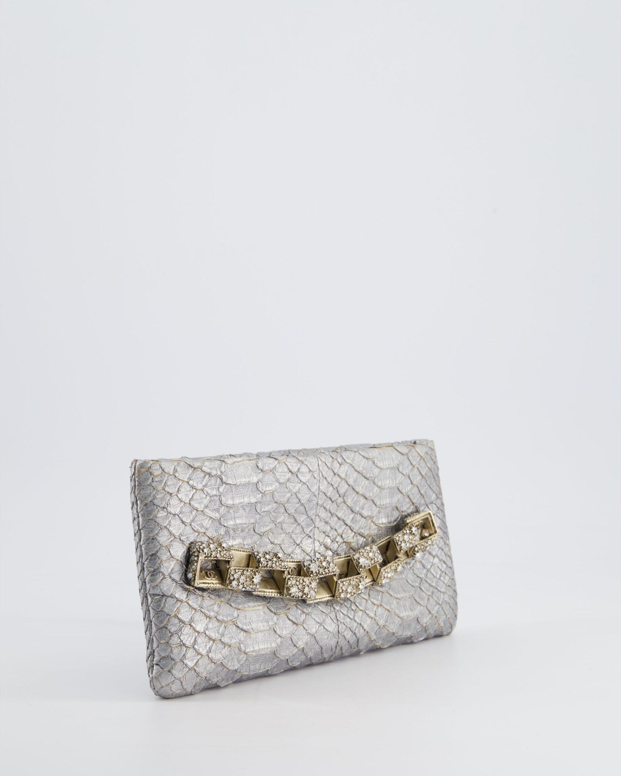 *RARE* Chanel Metallic Silver Bombay Clutch in Python Leather and Antique Gold Hardware with Embellished Crystals