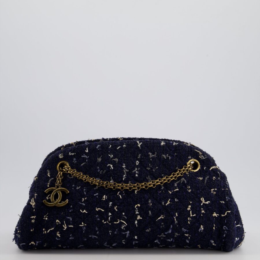 Chanel Navy Blue & White Tweed Mademoiselle Shoulder Bag With Antique Gold Hardware | Studio Nafay