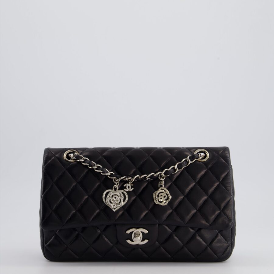 Chanel Black Medium Single Flap Bag with Camelia Crystal Charm Detail Lambskin Leather Silver Hardware | Studio Nafay