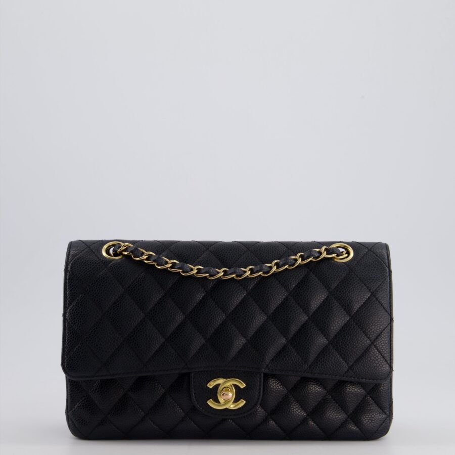 Chanel Black Medium Classic Double Flap Bag in Caviar Leather with 24K Gold Hardware | Studio Nafay