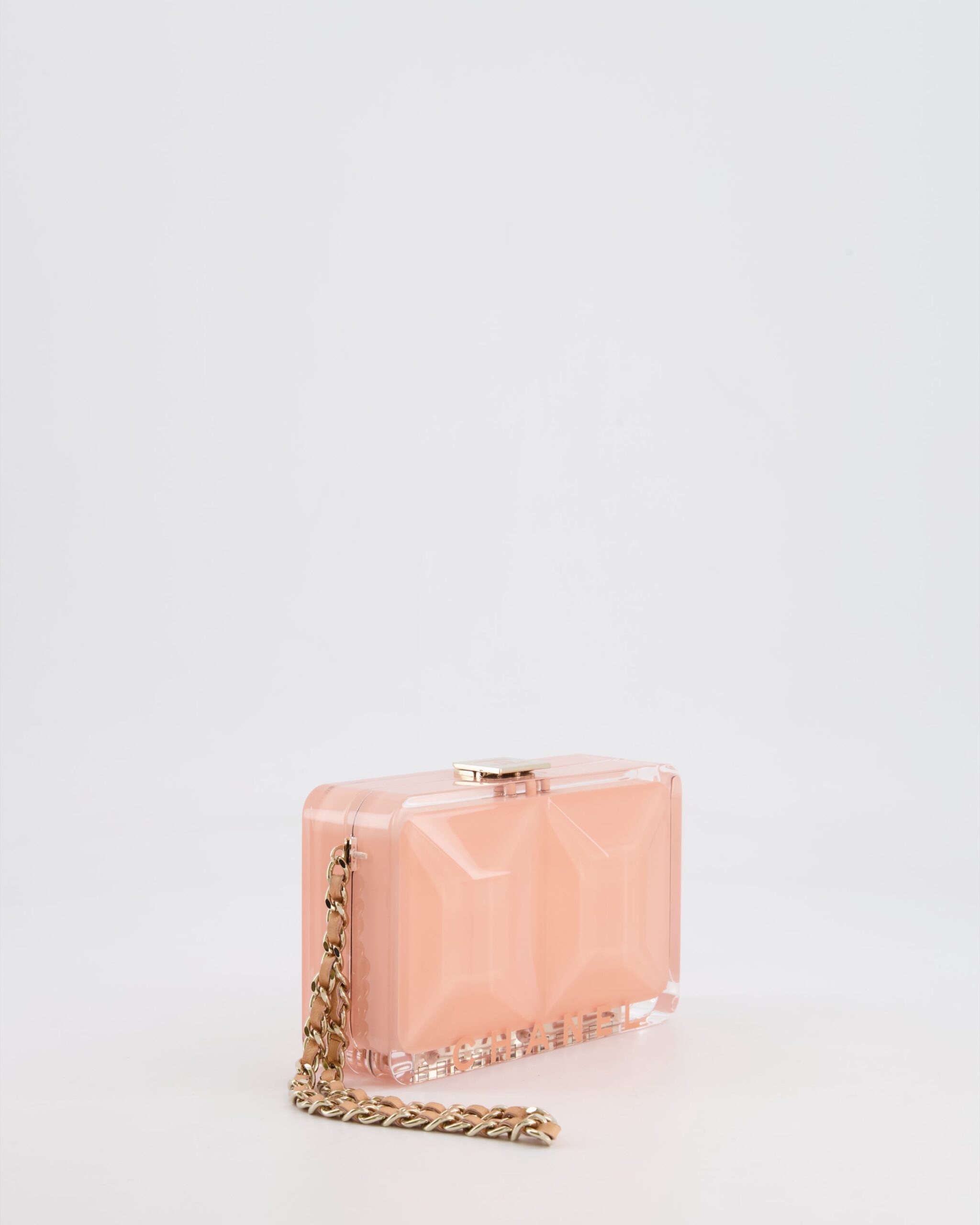 Chanel Pink Plexiglass Clutch Bag With Champagne Hardware and Logo Detail