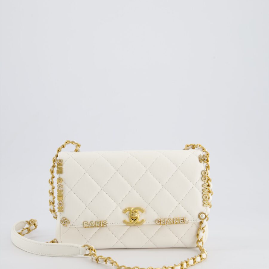 *LIMITED EDITION* Chanel White Monaco Mini Single Flap Bag with Black Interior, Crystal Details and Brushed Gold Hardware | Studio Nafay