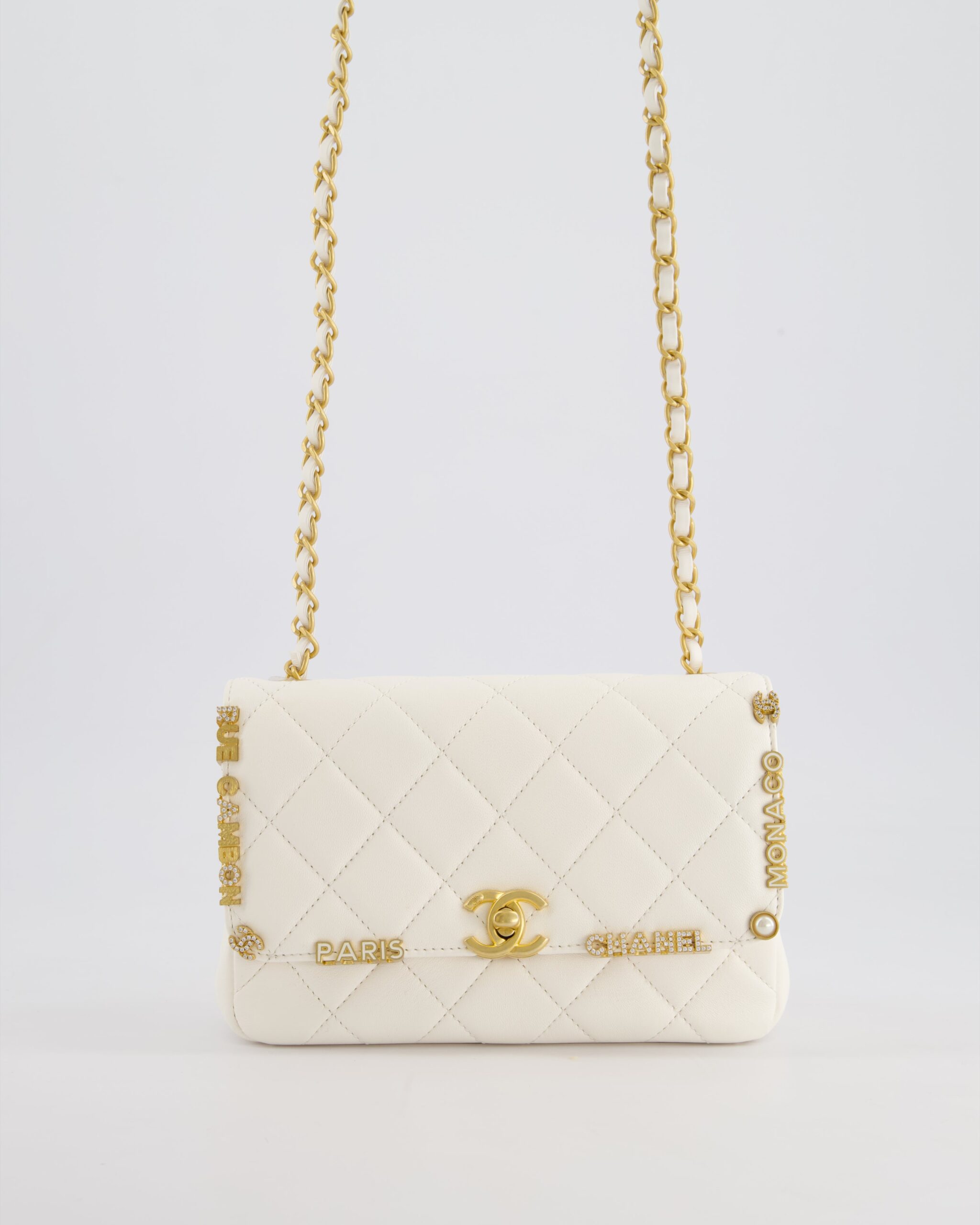 *LIMITED EDITION* Chanel White Monaco Mini Single Flap Bag with Black Interior, Crystal Details and Brushed Gold Hardware