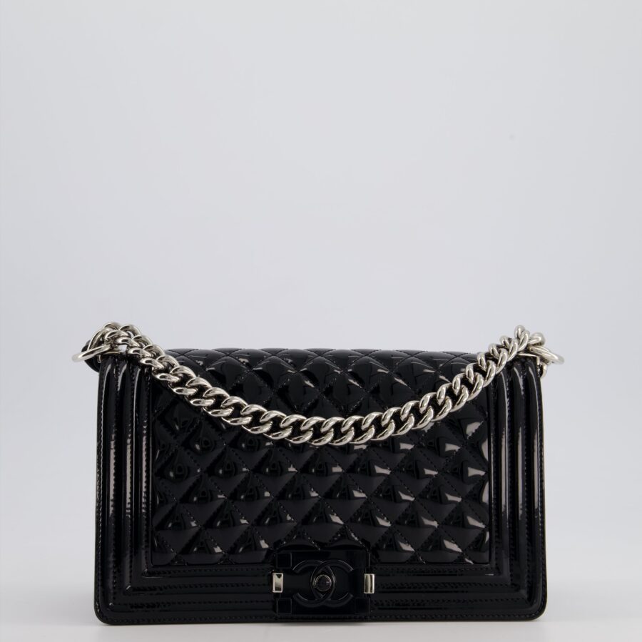 Chanel Black Patent Medium Boy Bag with Black and Silver Hardware | Studio Nafay