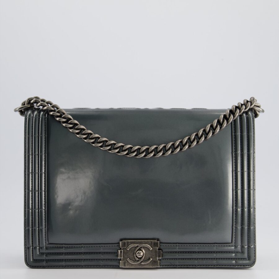 Chanel Large Dark Grey Boy Bag in Patent Leather with Ruthenium Hardware | Studio Nafay