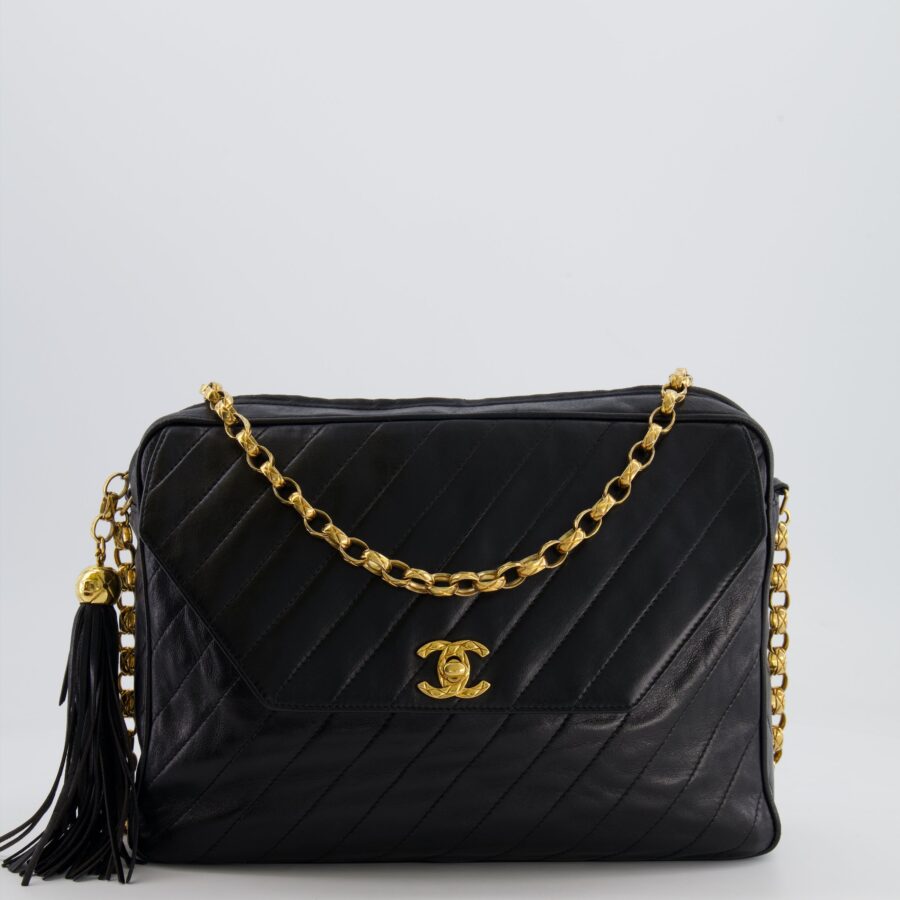 Chanel Black Large Camera Bag in Lambskin Leather with Front Pocket with 24k Gold Hardware | Studio Nafay