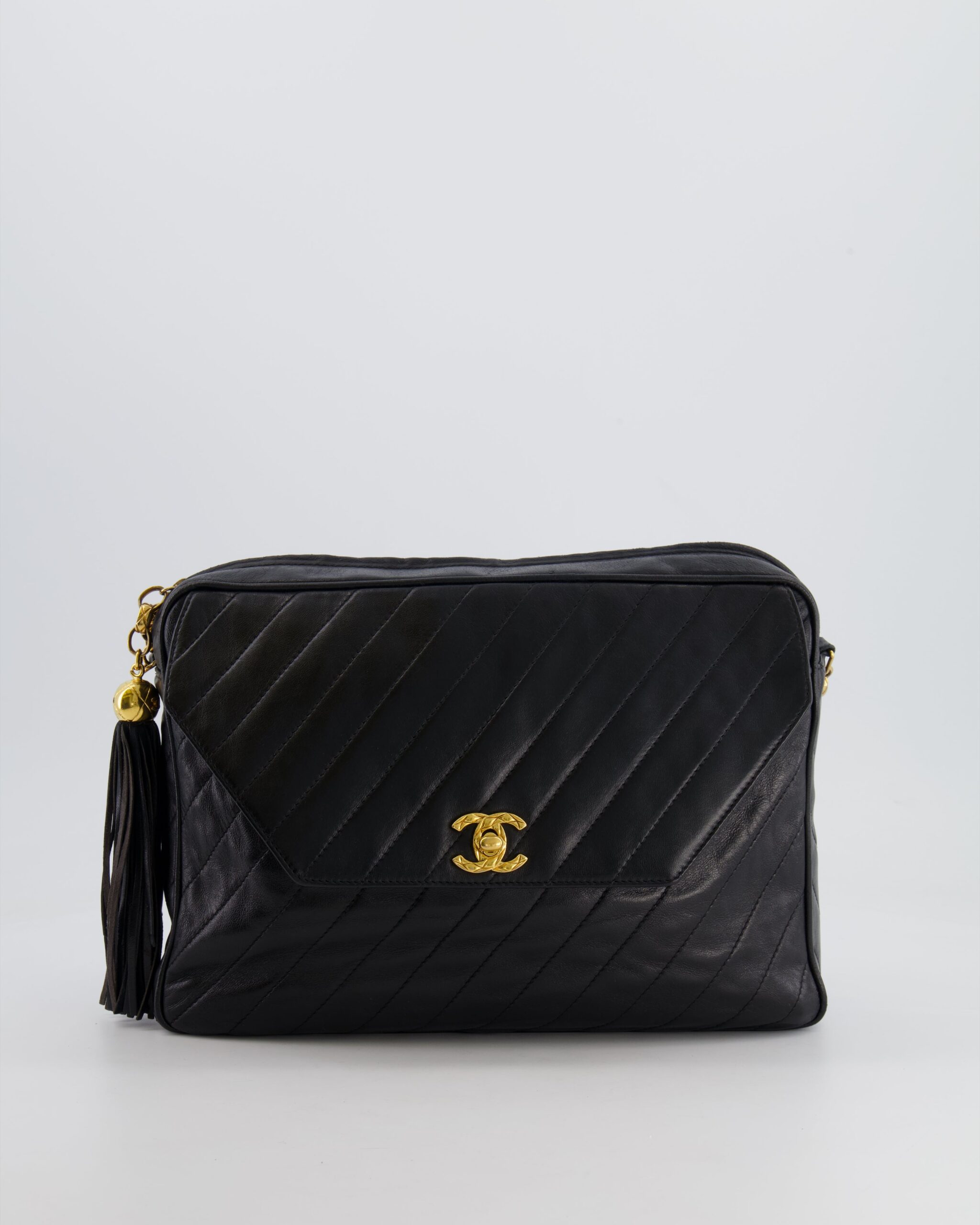 Chanel Black Large Camera Bag in Lambskin Leather with Front Pocket with 24k Gold Hardware