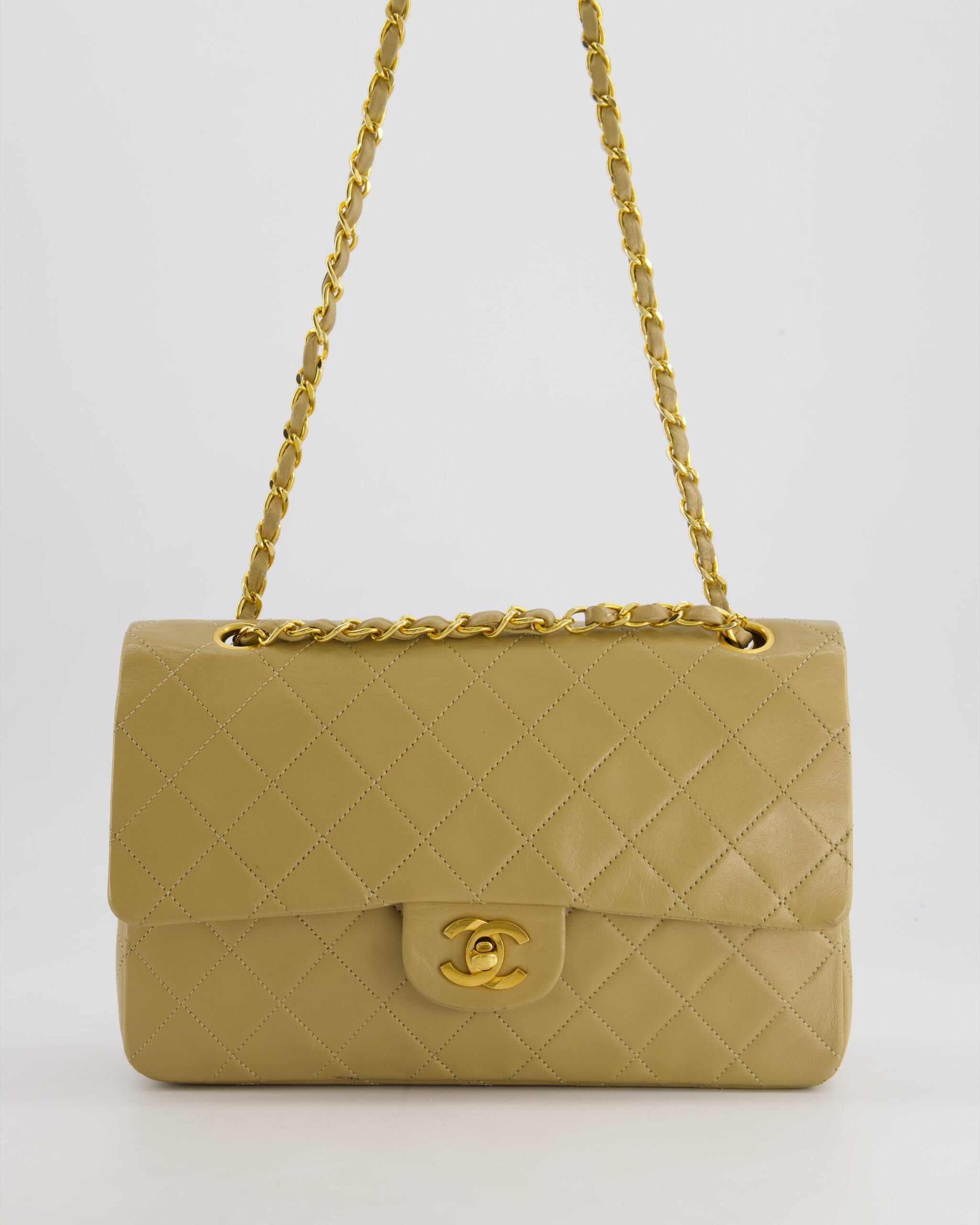 Chanel Beige Medium Double Flap Bag in Lambskin Leather with 24K Gold Hardware