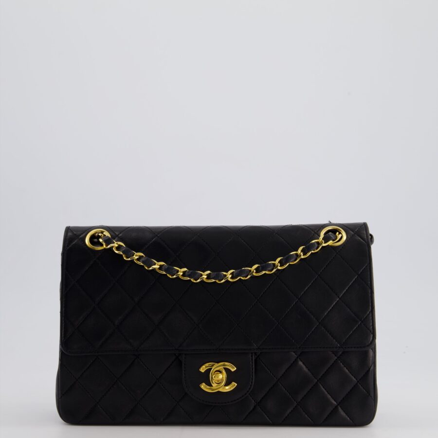 Chanel Black Medium Classic Double Flap Bag in Lambskin Leather with 24K Gold Hardware | Studio Nafay