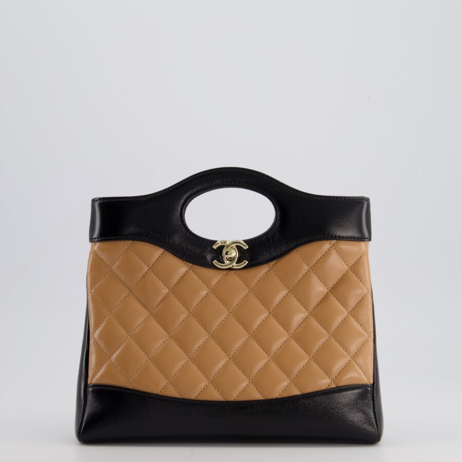 *HOT* Chanel Small 31 Bag with Chain in Black and Light Brown Shiny Calfskin Leather with Champagne Gold Hardware | Studio Nafay