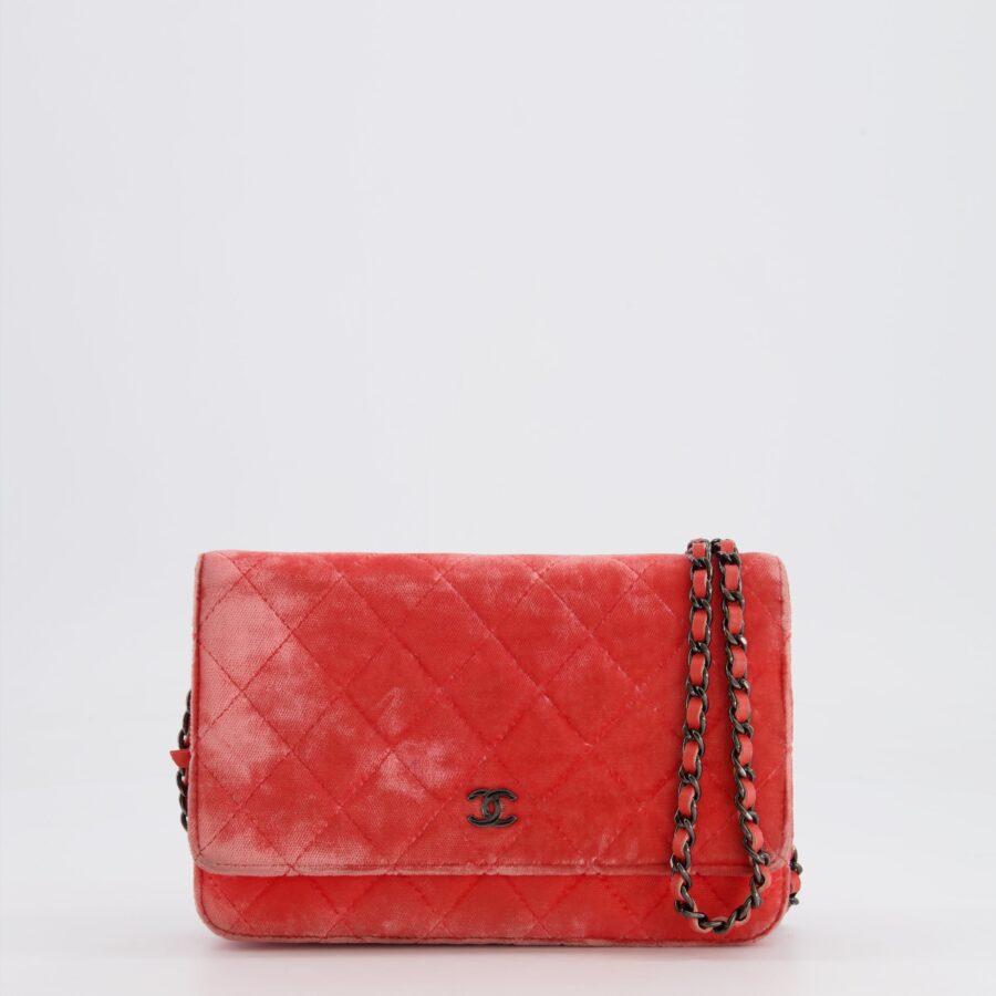 Chanel Orange Velvet Wallet on Chain Bag with Silver Hardware | Studio Nafay