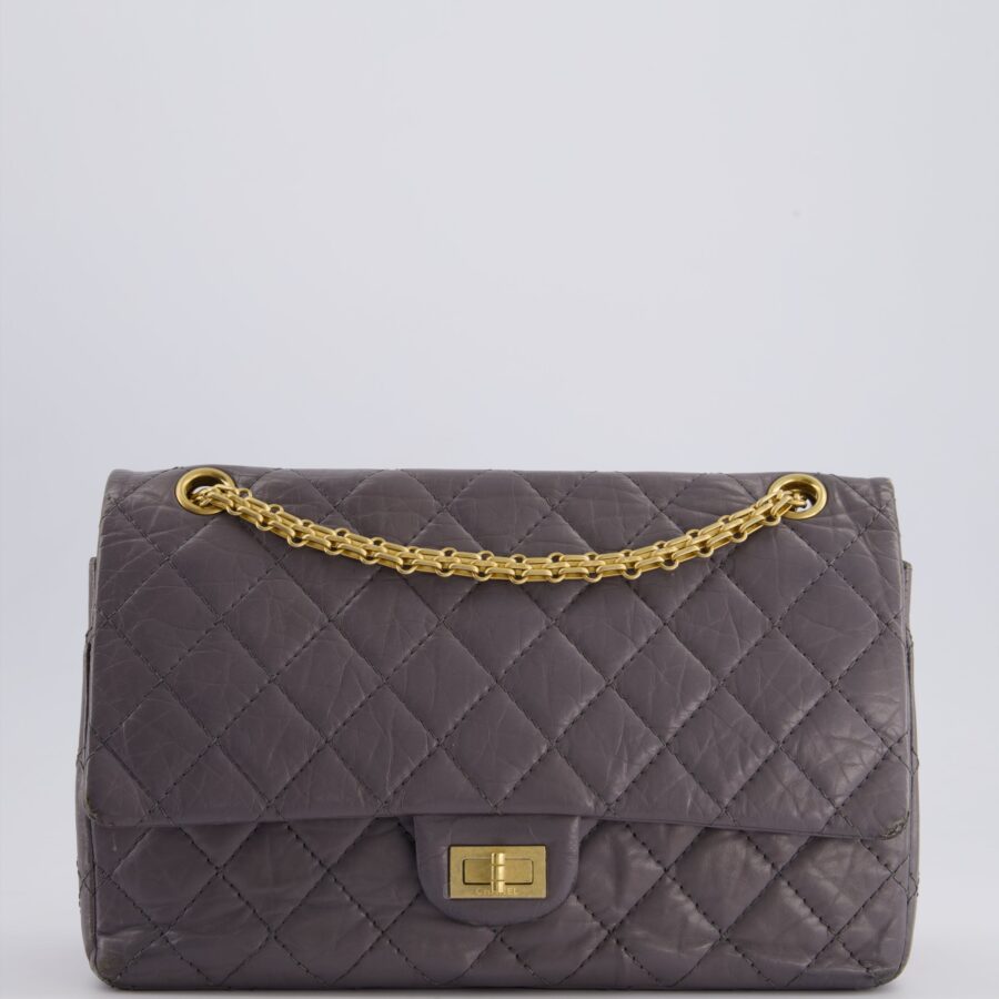 Chanel Grey Medium Reissue 2.55 Double Flap Bag in Quilted Crumpled Calfskin with Aged Gold Hardware | Studio Nafay