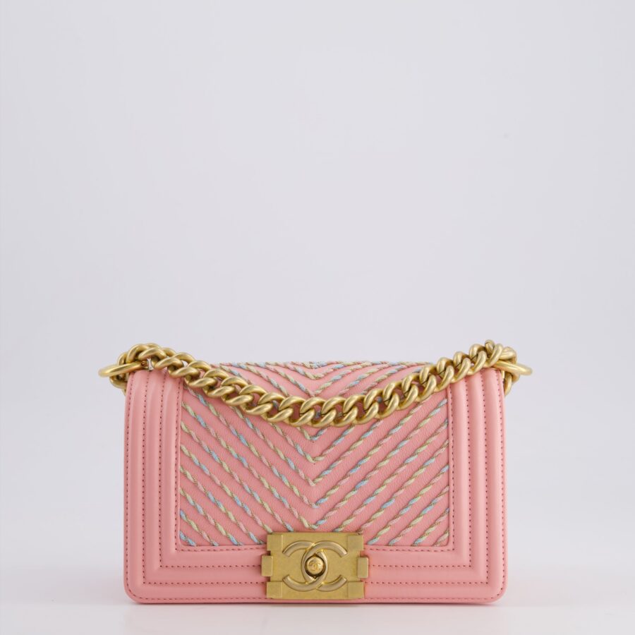 Chanel Pink Small Boy Bag in Lambskin Leather with Pastel Chevron Detail and Brushed Gold Hardware | Studio Nafay