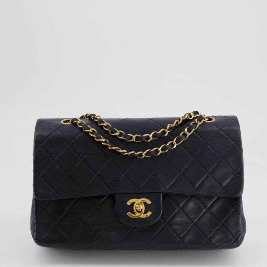 Chanel Navy Medium Classic Double Flap Bag in Lambskin Leather with 24K Gold Hardware | Studio Nafay