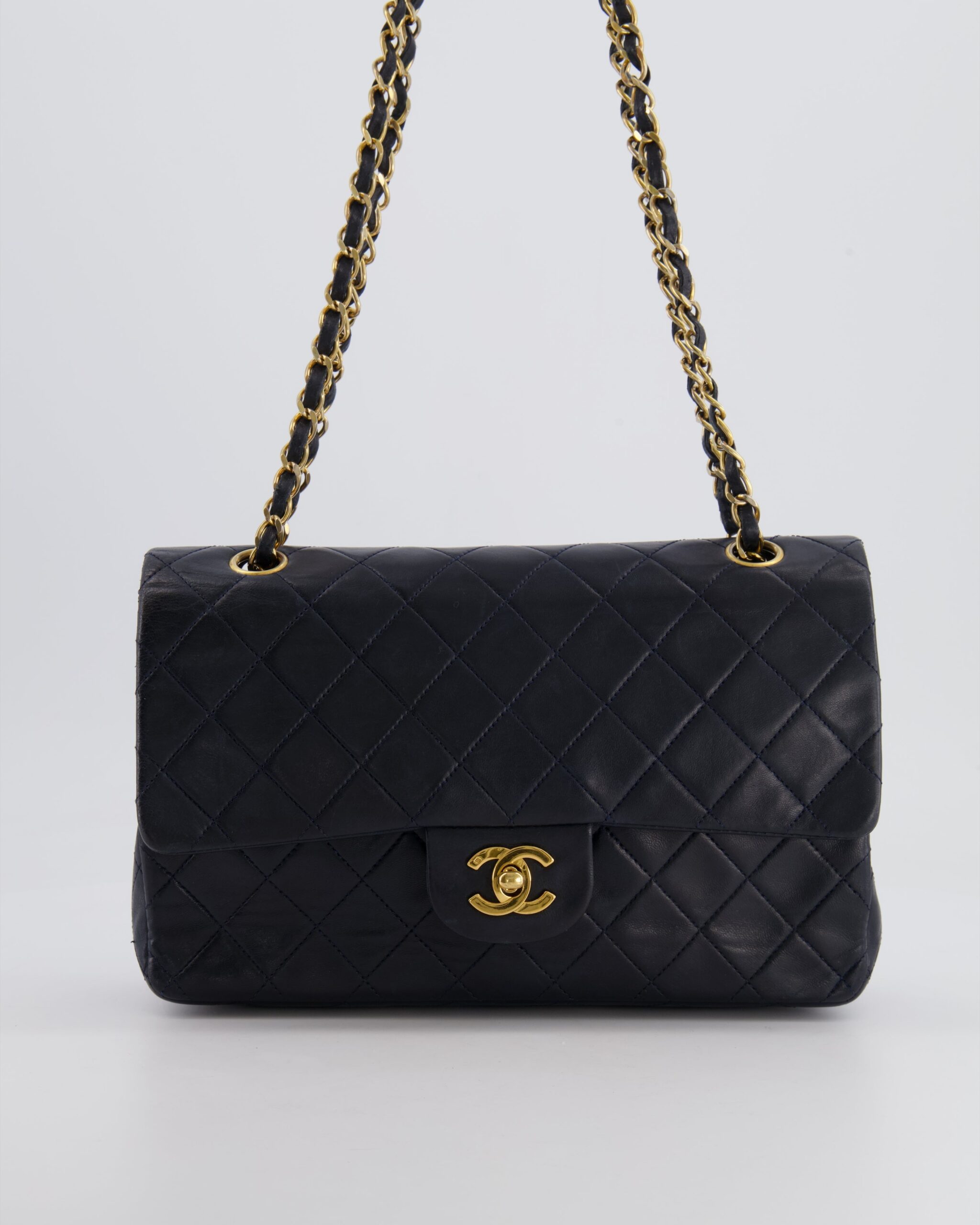 Chanel Navy Medium Classic Double Flap Bag in Lambskin Leather with 24K Gold Hardware