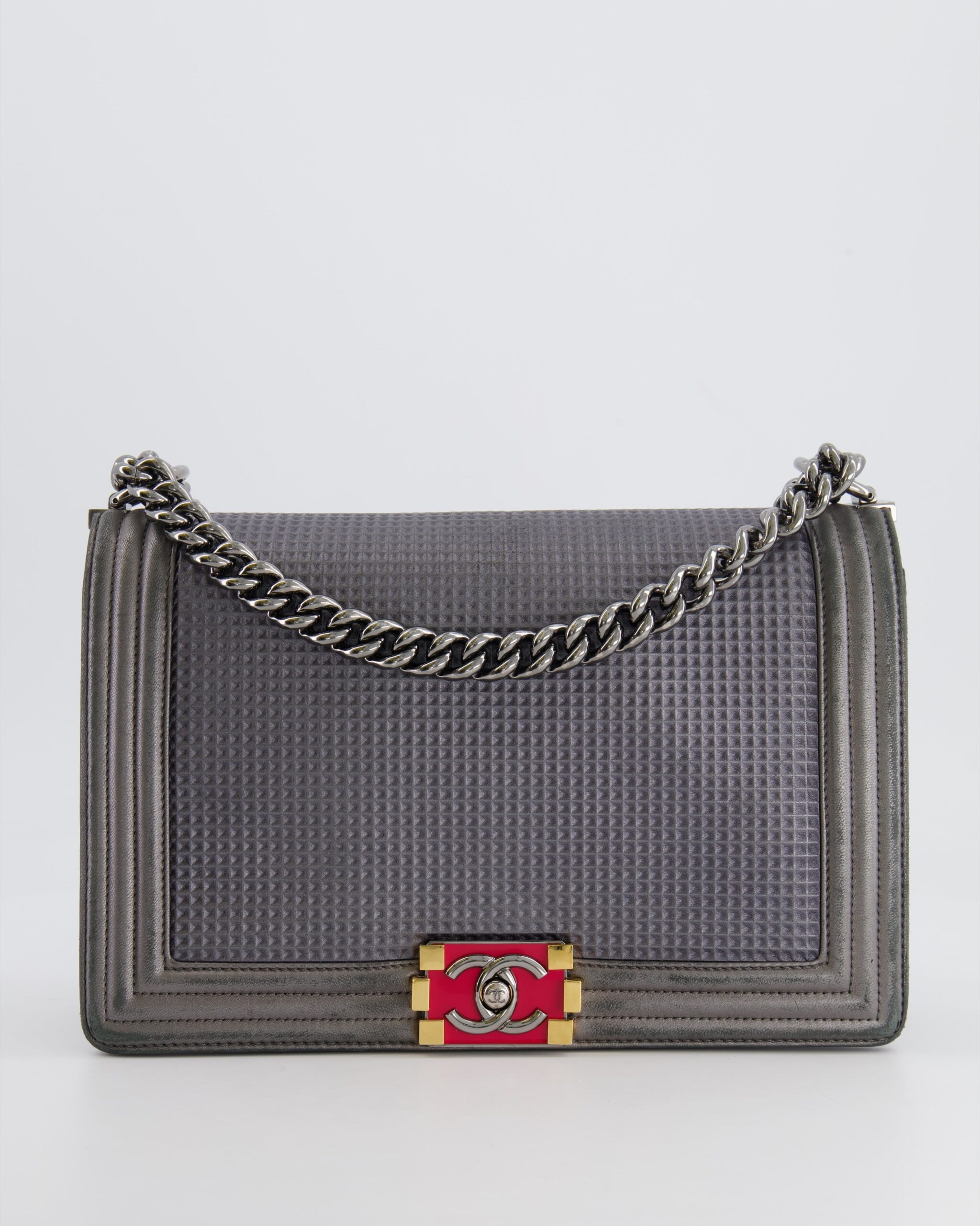 Chanel Grey Silver Medium Cube Calfskin Boy Bag with Silver, Gold and Red Hardware