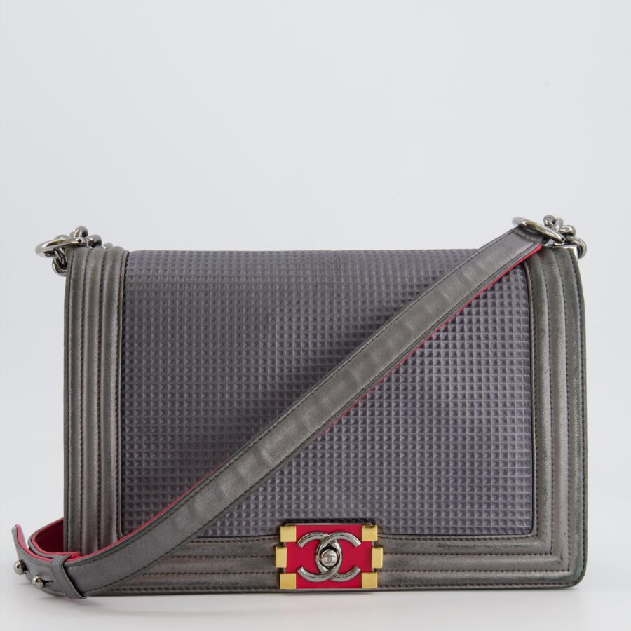 Chanel Grey Silver Medium Cube Calfskin Boy Bag with Silver, Gold and Red Hardware | Studio Nafay