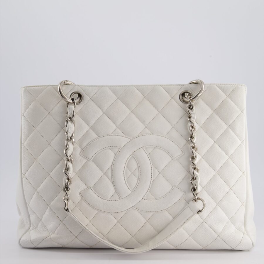 Chanel White GST Tote Bag in Caviar Leather with Silver Hardware | Studio Nafay