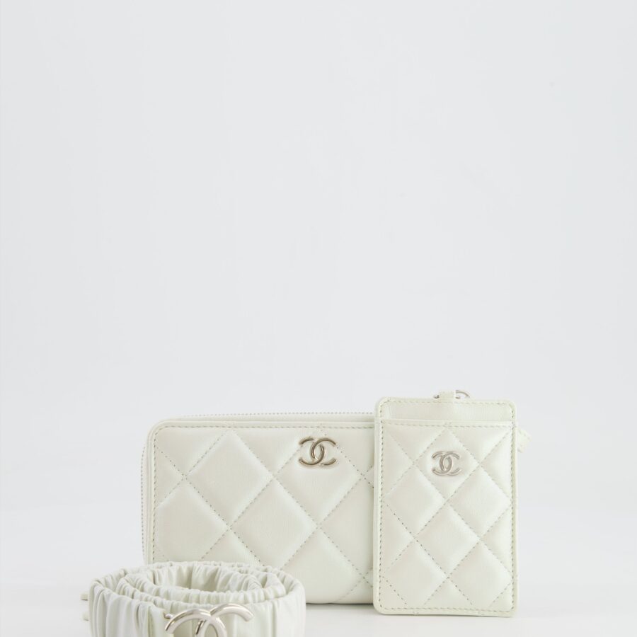 *HOT* Chanel Coco Neige White Pearlescent Lambskin Belt Bag with Silver Hardware | Studio Nafay