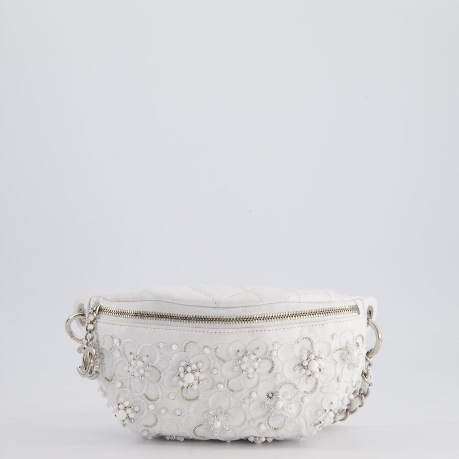 Chanel White Lambskin Leather Bum Bag with Silver Crystal Bead Embellishments and Silver Hardware | Studio Nafay