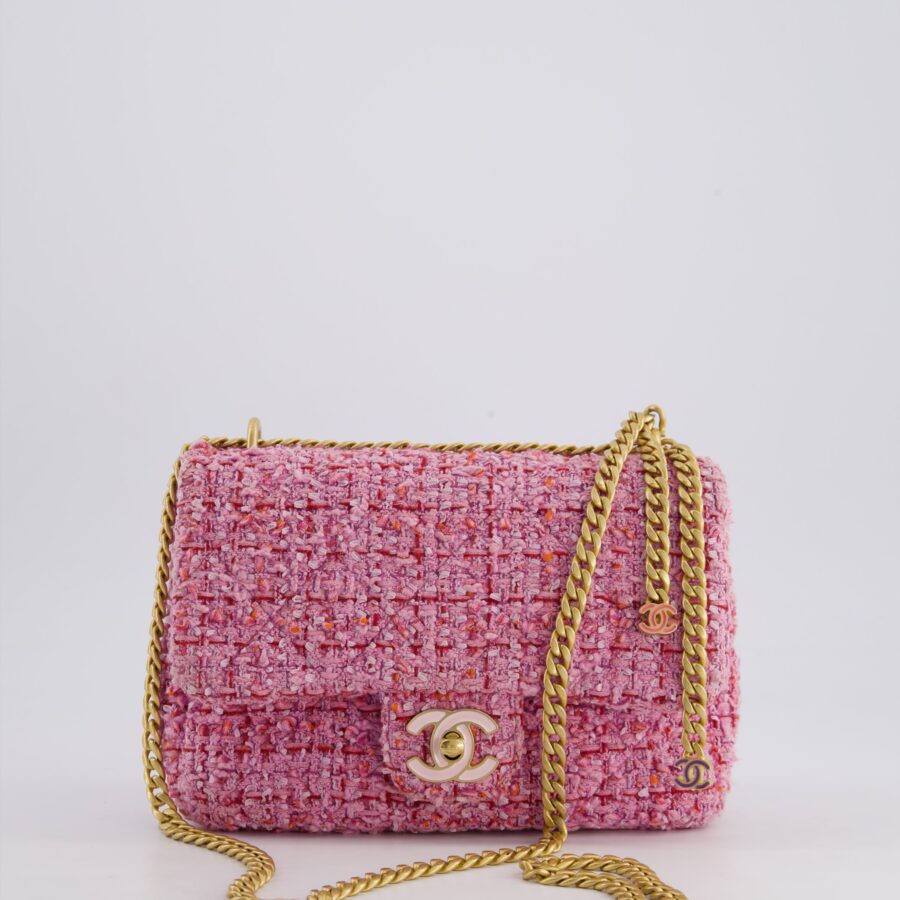Chanel Pink & Lilac Tweed Seasonal Single Flap Bag with Brushed Gold Hardware & Pink CC Logo | Studio Nafay