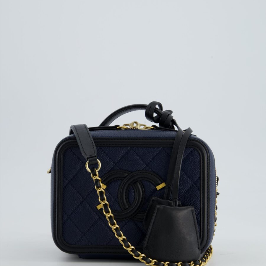 *HOT* Chanel Navy & Black Small Vanity Case Bag in Caviar Leather with Brushed Gold Hardware | Studio Nafay