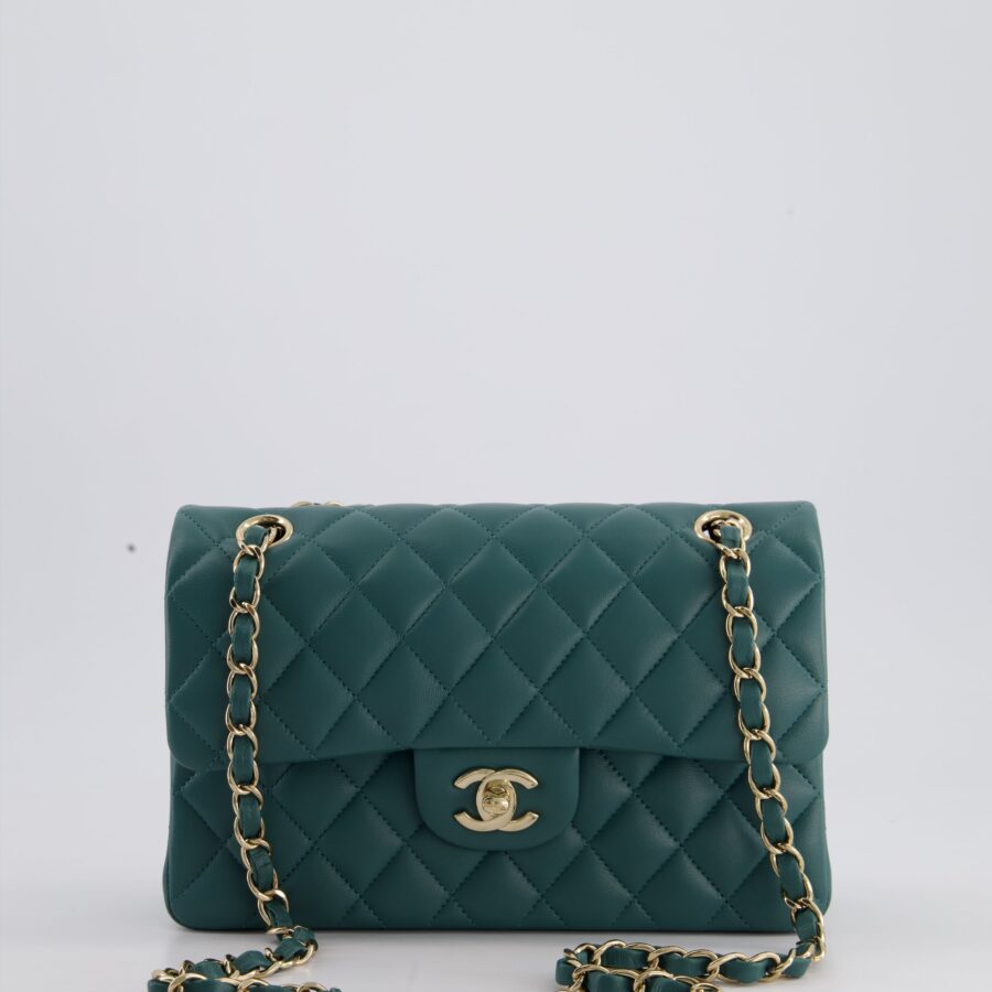 Chanel Green Small Classic Double Flap Bag in Lambskin Leather with Champagne Gold Hardware | Studio Nafay
