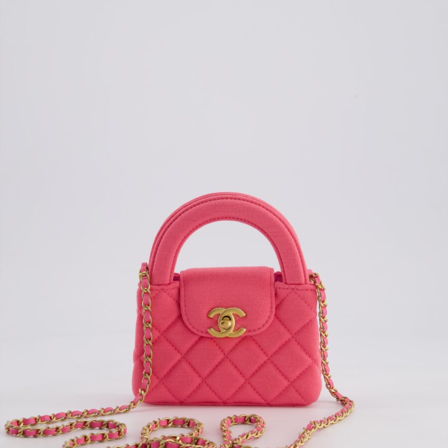 *RARE* Chanel Pink Nano Mini Kelly Bag in Pink Quilted Jersey with Brushed Antique Gold Hardware | Studio Nafay