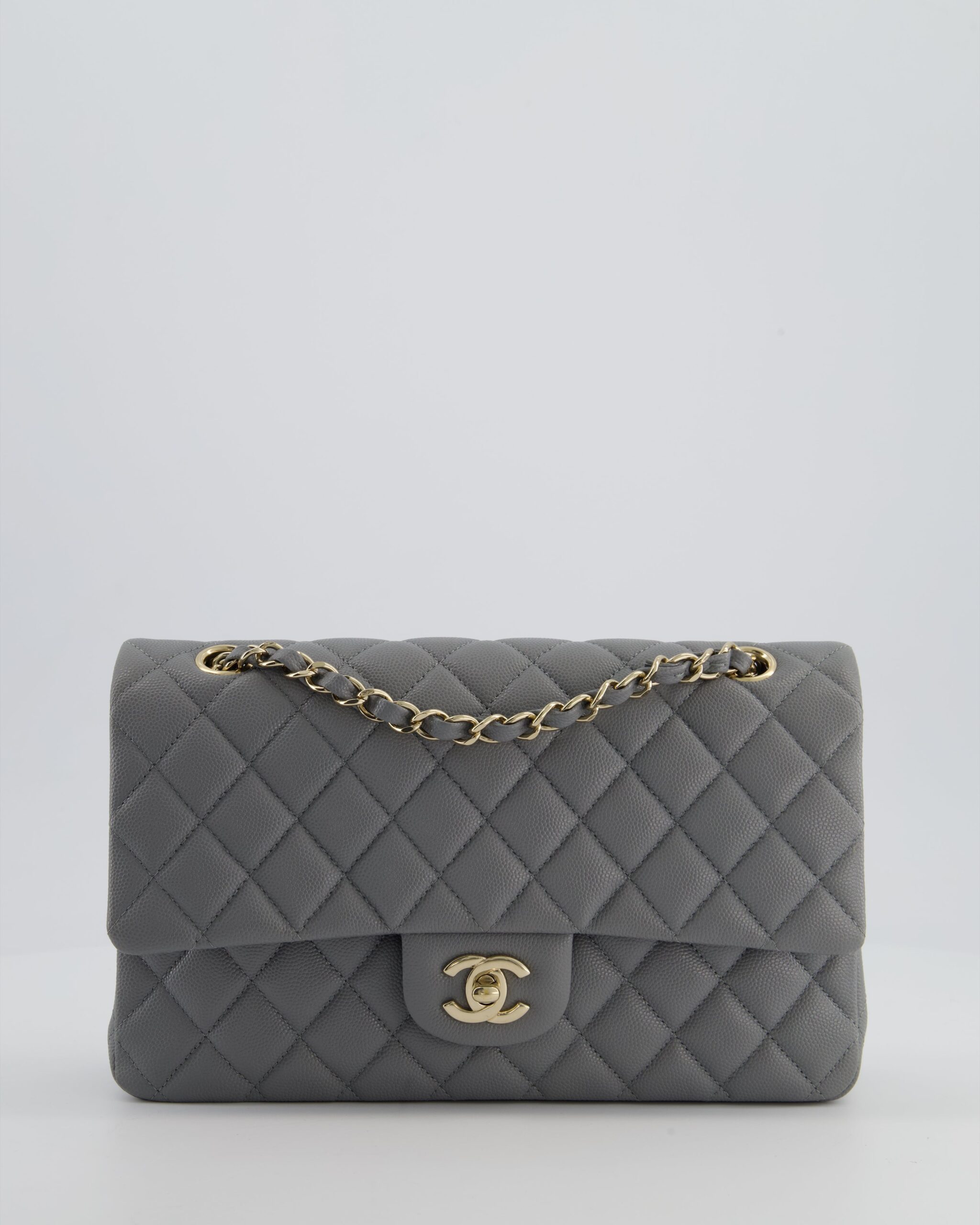 Chanel Stone Grey Medium Double Flap Bag in Caviar Leather with Champagne Gold Hardware