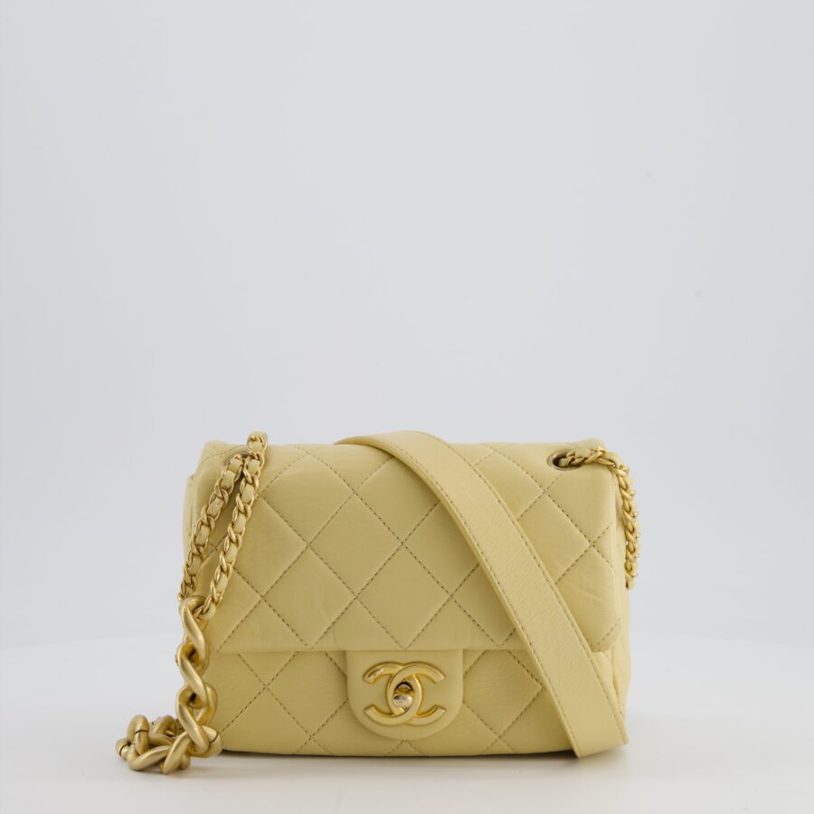 Chanel Mini Flap Bag in Pale Yellow Lambskin Leather with Chunky Chain and Gold Hardware | Studio Nafay