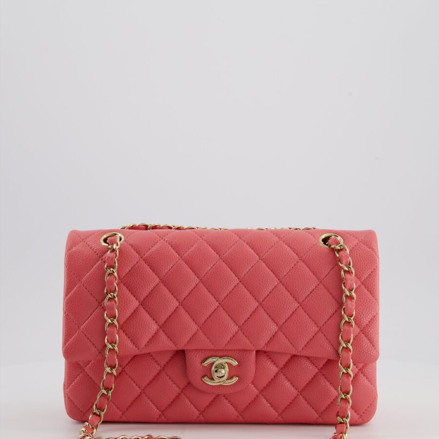 *HOT* Chanel Coral Pink Classic Medium Double Flap Bag in Caviar Leather with Champagne Gold Hardware | Studio Nafay