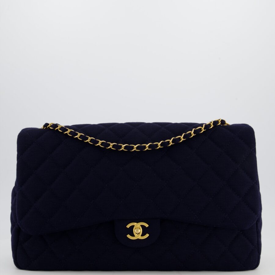 *HOT* Chanel Navy XXL Single Flap Bag in Quilted Jersey with Gold Hardware | Studio Nafay