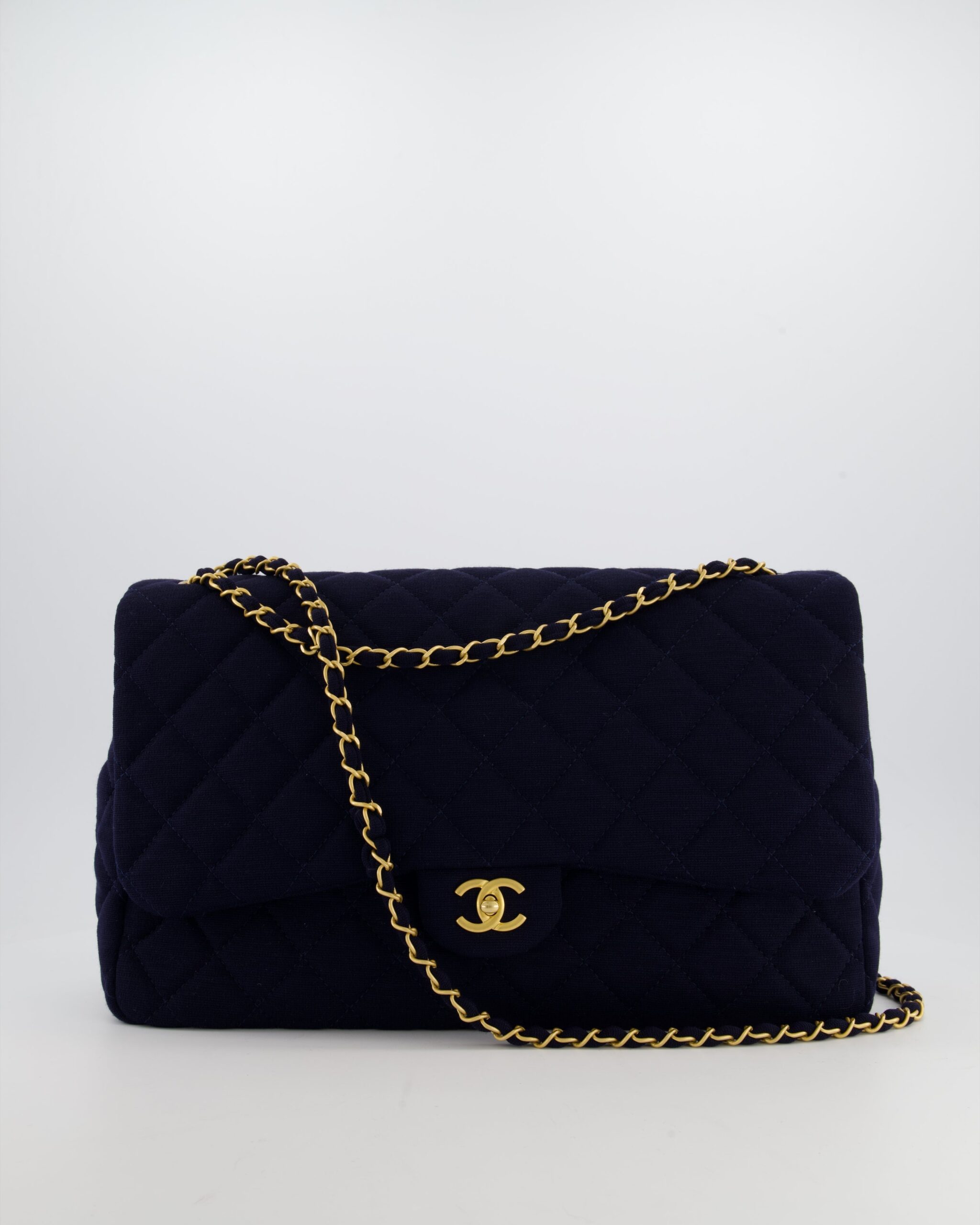 *HOT* Chanel Navy XXL Single Flap Bag in Quilted Jersey with Gold Hardware