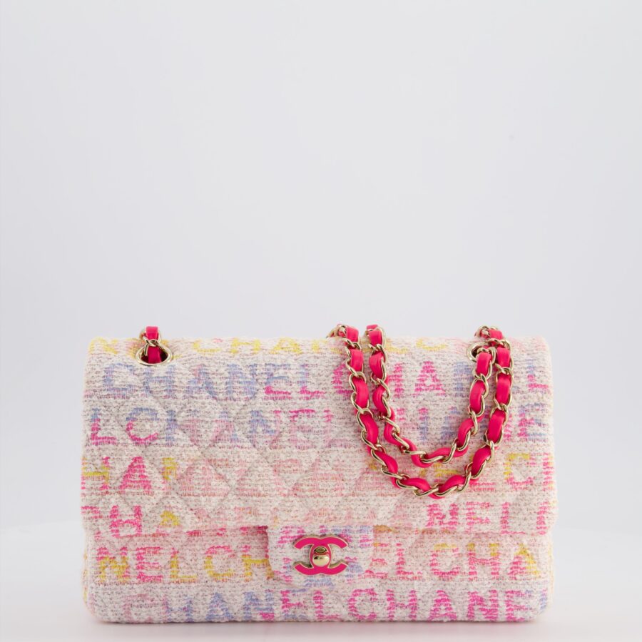 Chanel White & Pastel Multicolour Tweed Medium Classic Double Flap Bag with Pink, Gold Hardware | Studio Nafay