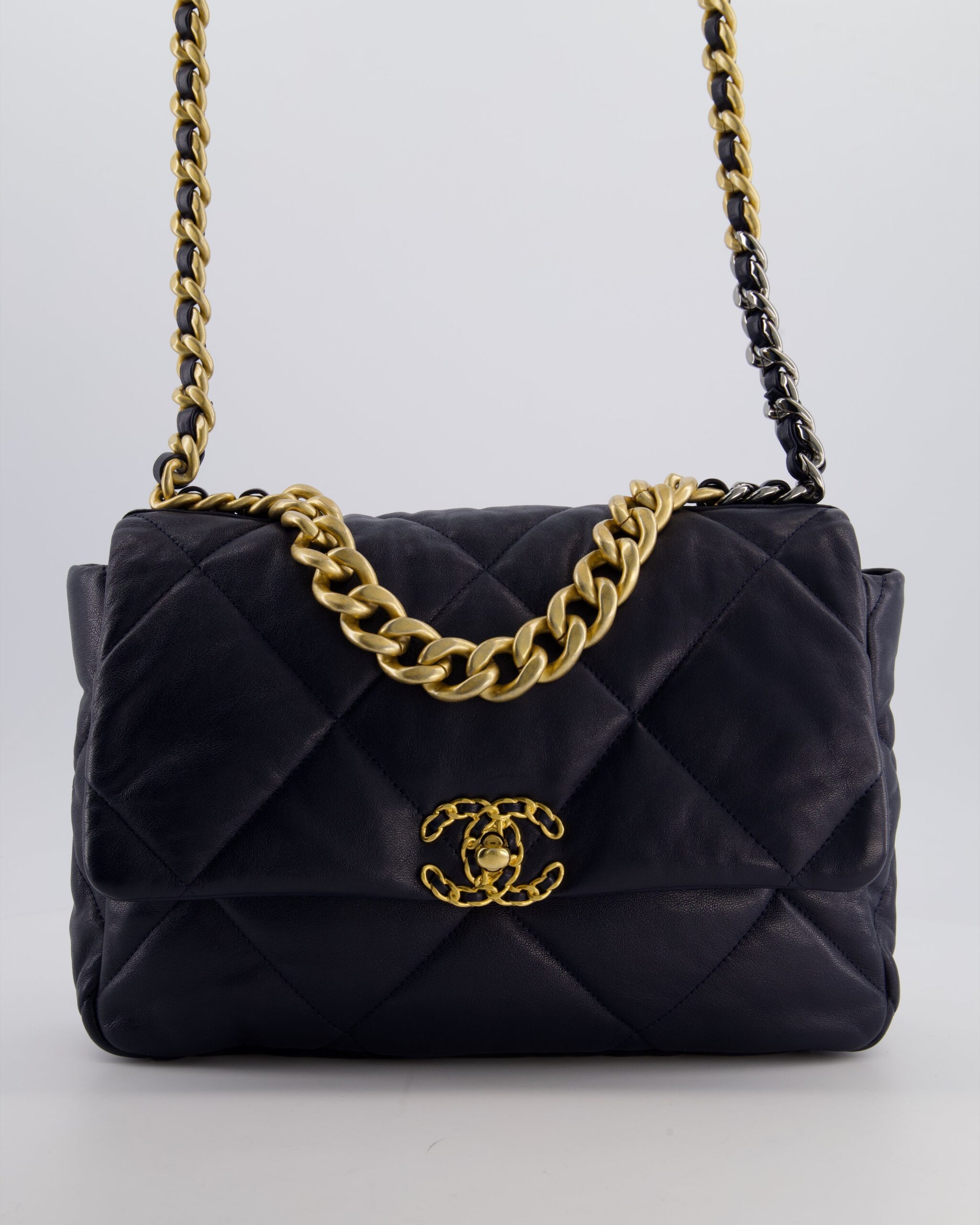 Chanel Navy Medium 19 Bag in Quilted Goatskin Leather with Mixed Hardware