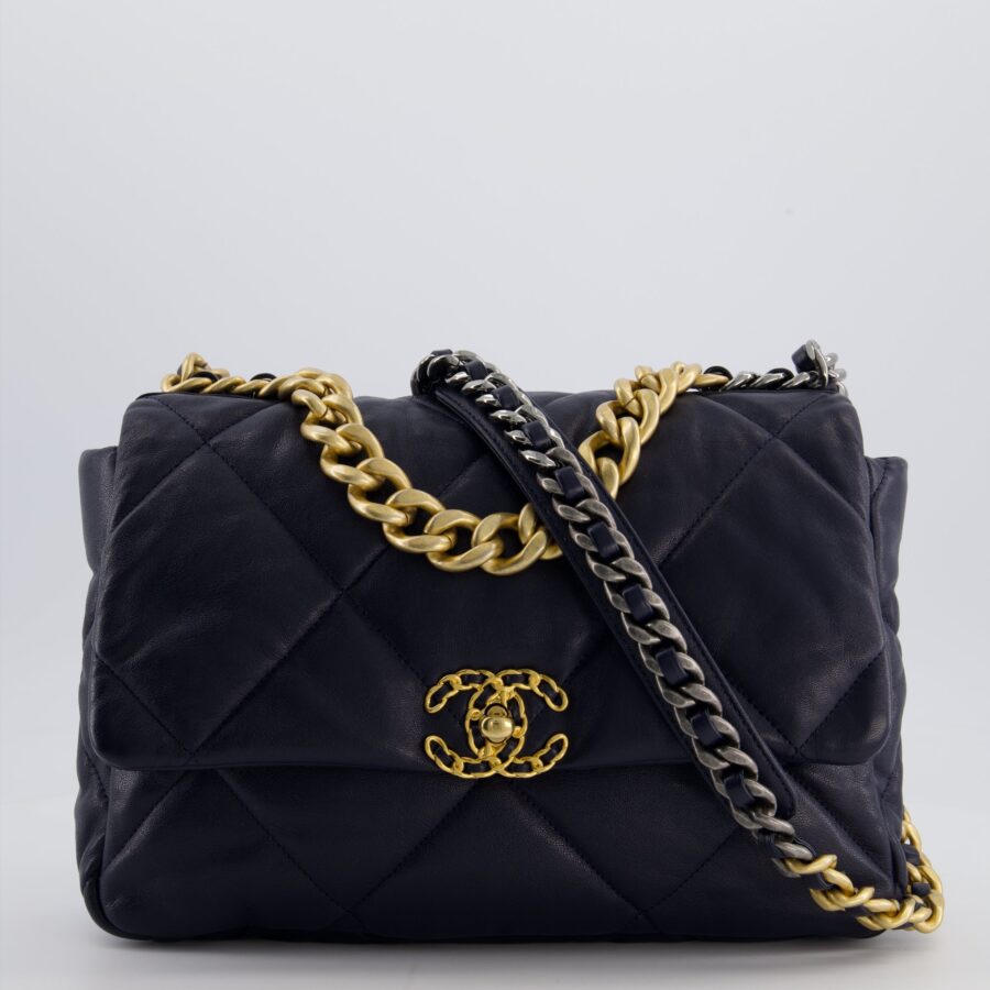 Chanel Navy Medium 19 Bag in Quilted Goatskin Leather with Mixed Hardware | Studio Nafay