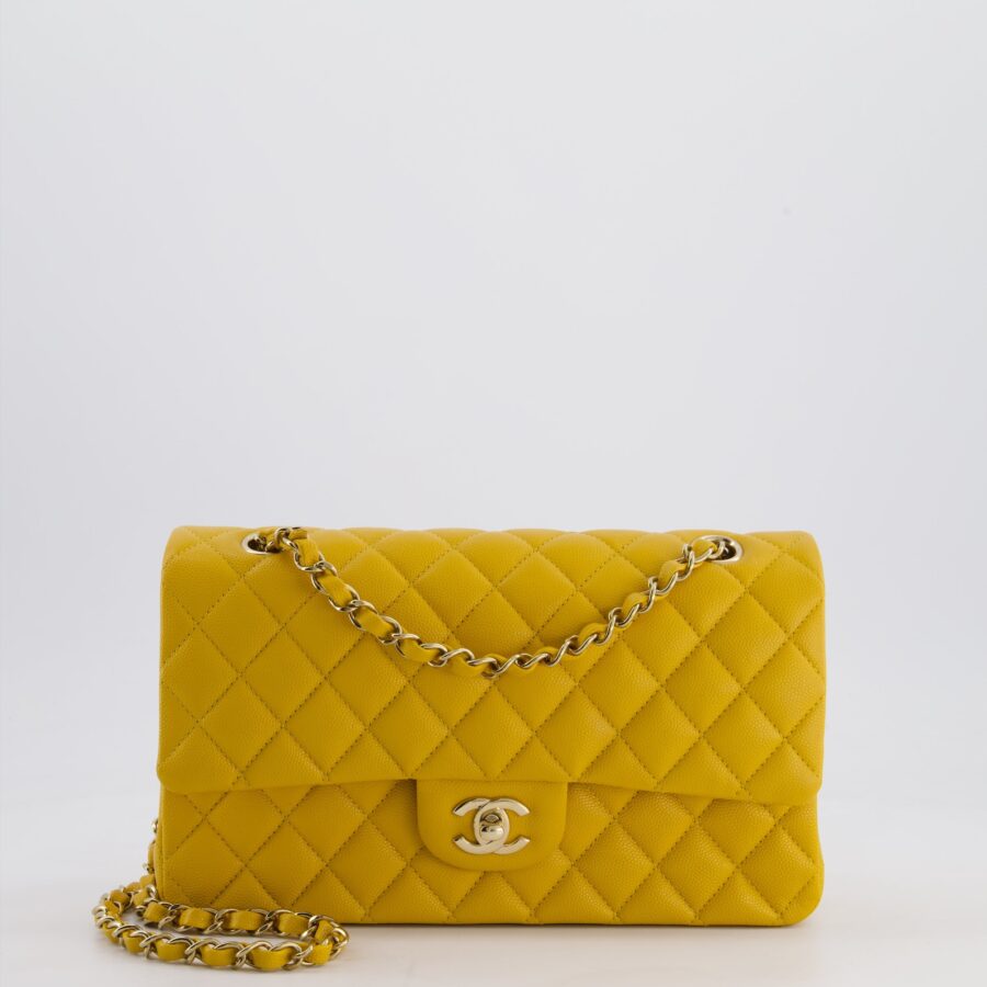 Chanel Medium Classic Double Flap Bag in Mustard Yellow Caviar Leather with Gold Hardware | Studio Nafay
