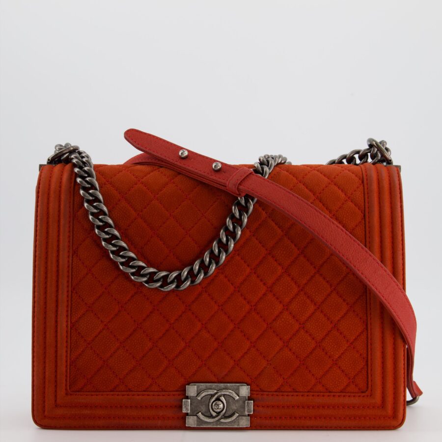 Chanel Large Red Boy Bag in Nubuck Leather with Ruthenium Hardware | Studio Nafay