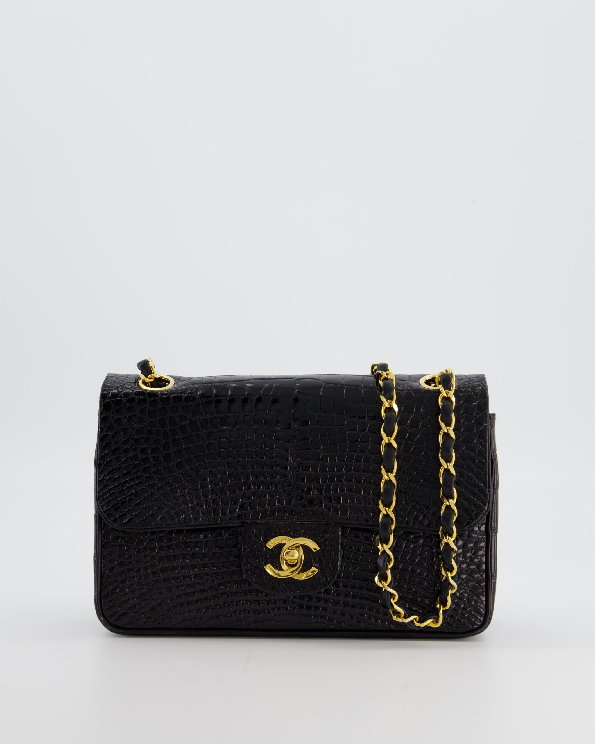 *RARE* Chanel Black Classic Flap Bag in Shiny Crocodile Leather with Gold Hardware