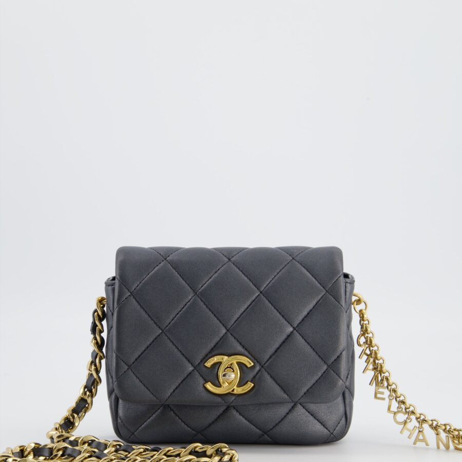 Chanel Dark Metallic Silver Small Flap Bag in Lambskin Leather with Gold Hardware and Chanel Charm Chain | Studio Nafay