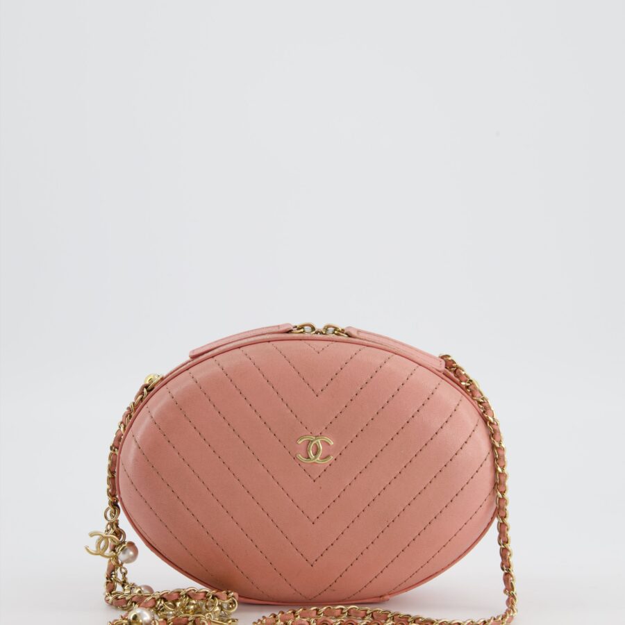 Chanel Pink Runway La Pa Round Evening bag in Chevron with Gold Hardware and Charm Chain | Studio Nafay