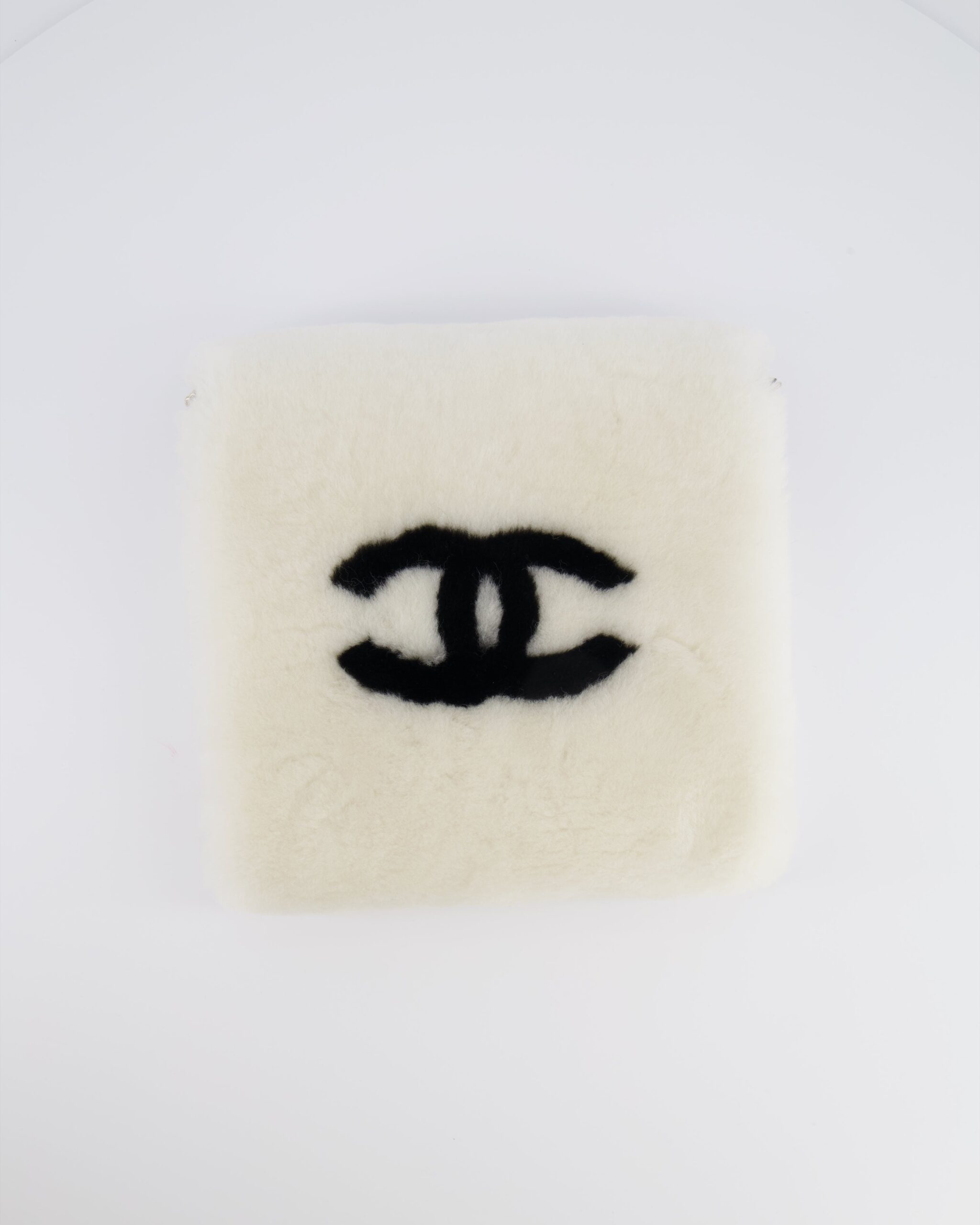 *HOT* Chanel Coco Neige 25/26 Ecru and Black Shearling Lambskin Muff Bag with Black CC Logo and Champagne Gold Chain Detail