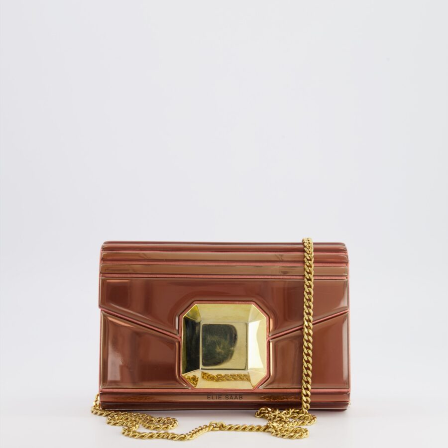 Elie Saab Bronze Pink Plexi Clutch on Chain Bag with Gold Hardware | Studio Nafay