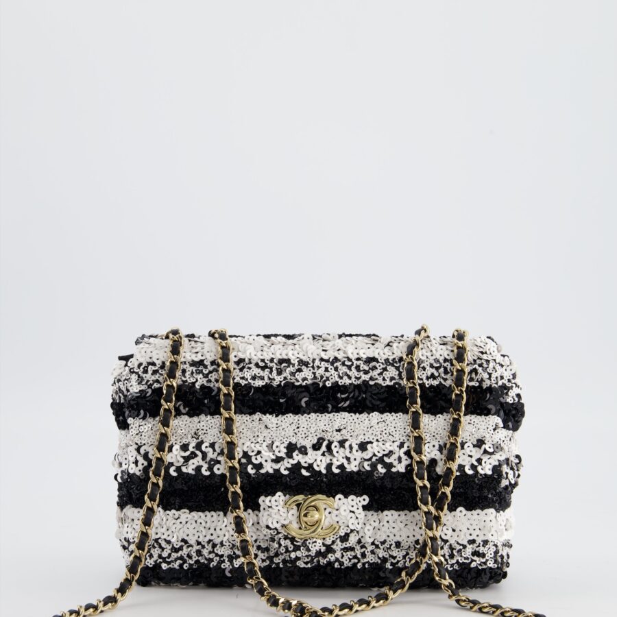 *HOT* Chanel Black and White Stripe Sequin Coco Mark Single Flap Bag with Champagne Gold Hardware | Studio Nafay